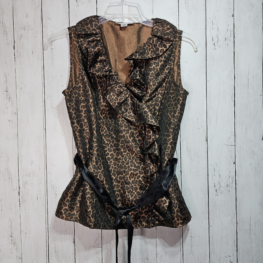 Vintage Isadora Collection Animal Print Tie Waist Ruffle Front Shirt Size 10.